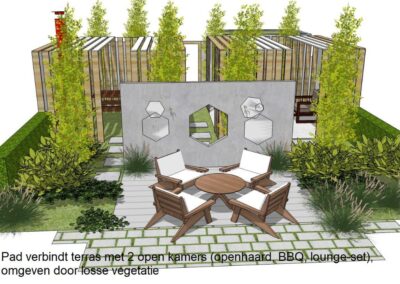 pad verbindt terras met 2 open kamers (openhaard, BBQ, lounge-set), omgeven door losse vegetatie.