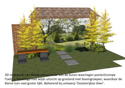 #D-impressie van blinde schuurmuur van de buren, waartegen poster is bevestigd met wijds uitzicht op grasland met boomgroepen, waardoor de kleine tuin veel groter lijkt. Behorend bij ontwerp "Oostenrijkse sfeer".